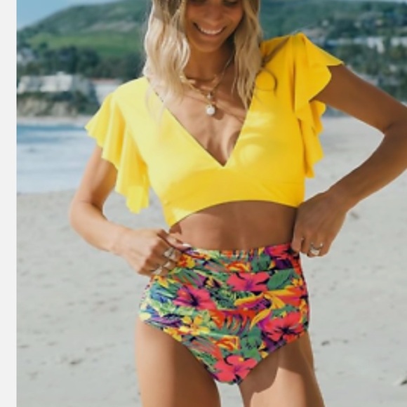 SPORLIKE Women High Waisted Swimsuit Flounce Straps Bikini Bathing Suit * NWOT - Picture 4 of 8